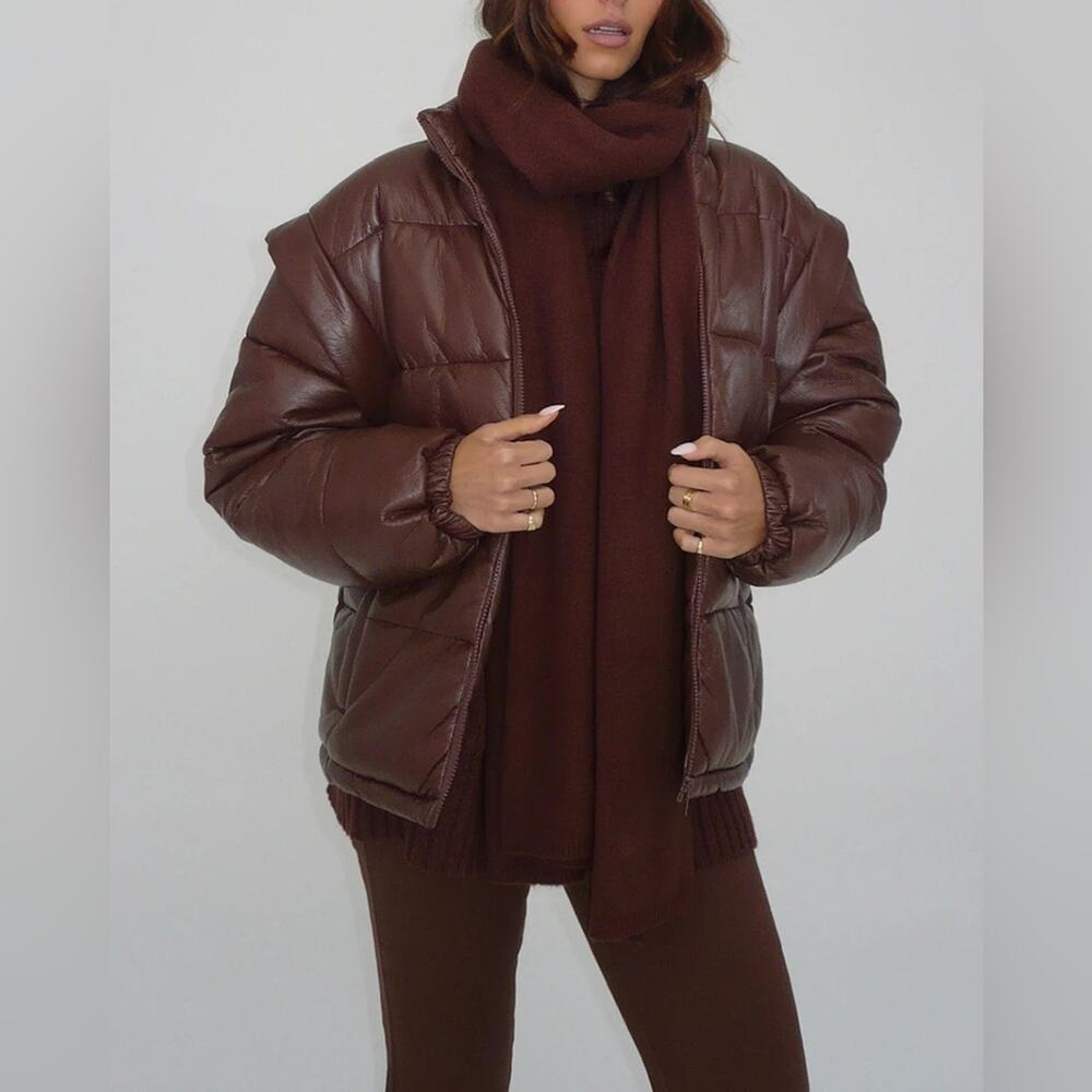 WeWoreWhat Faux Leather Snap Off Sleeve Puffer Jacket Chocolate Brown Size Med